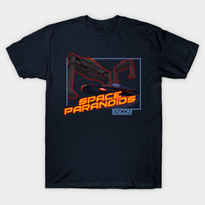 "Black Space Paranoids graphic t-shirt with futuristic design, cotton material, casual wear, unisex style"