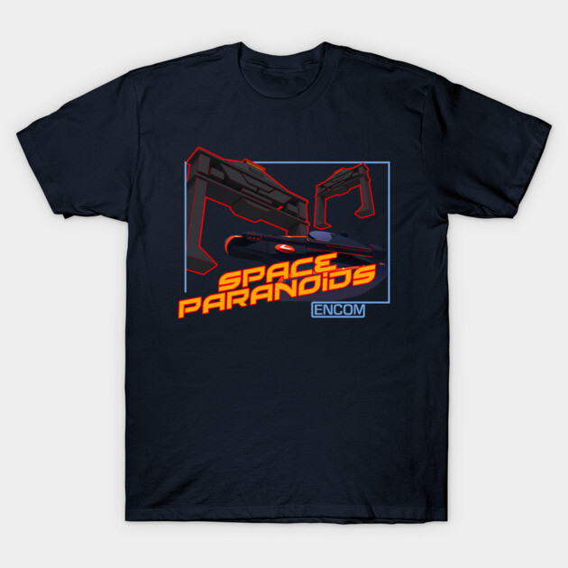 "Black Space Paranoids graphic t-shirt with futuristic design, cotton material, casual wear, unisex style"
