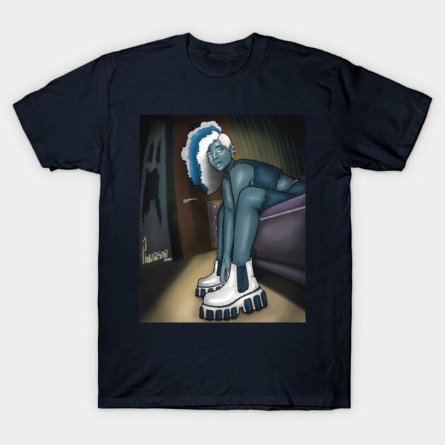Navy blue graphic tee with artistic print, featuring bold colors and unique design, perfect for casual wear.