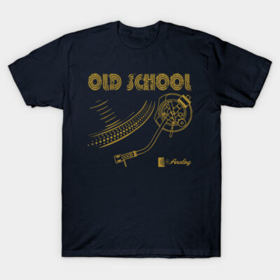 Navy blue t-shirt with retro turntable design, "Old School" text, casual wear, 100% cotton, graphic style.