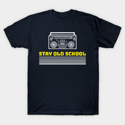 Navy blue t-shirt with retro boombox graphic and "Stay Old School" text, casual wear, cotton material.