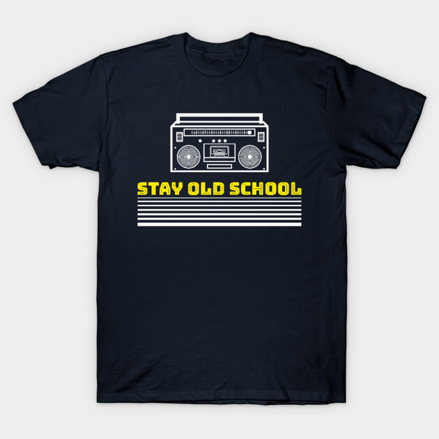 Navy blue t-shirt with retro boombox graphic and "Stay Old School" text, casual wear, cotton material.