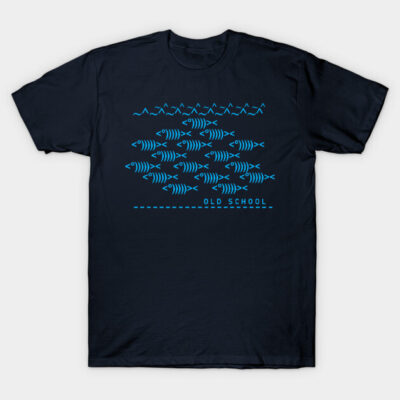 Navy t-shirt with blue fish pattern and "Old School" text, casual style, perfect for everyday wear.
