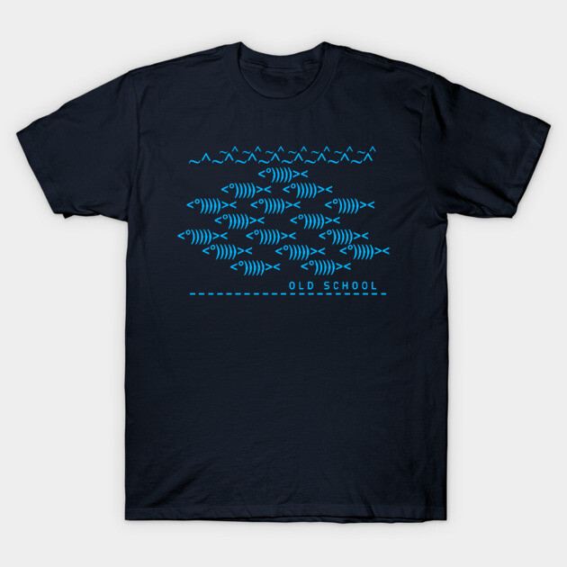 Navy t-shirt with blue fish pattern and "Old School" text, casual style, perfect for everyday wear.