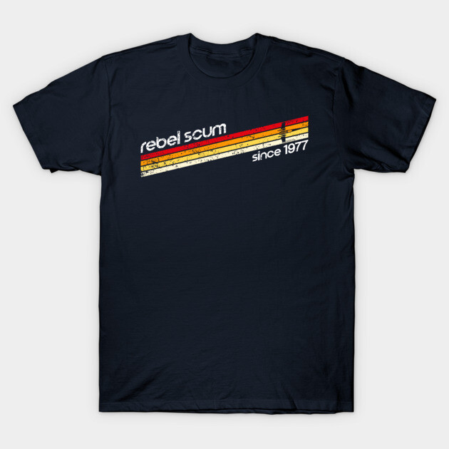 Navy blue t-shirt with retro stripes, "Rebel Scum" text, casual style, cotton material. Perfect for everyday wear.