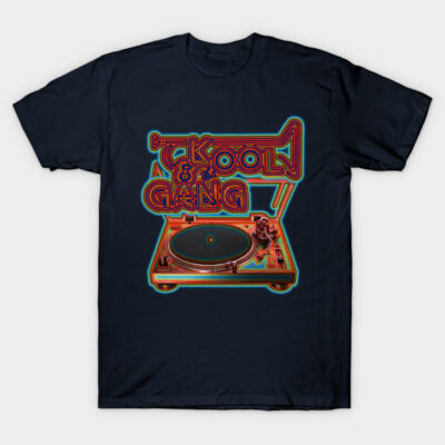 Black graphic t-shirt with retro turntable design and colorful text, perfect for music lovers, cotton material.