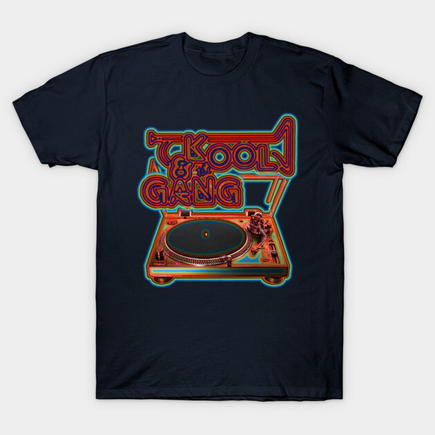 Black graphic t-shirt with retro turntable design and colorful text, perfect for music lovers, cotton material.