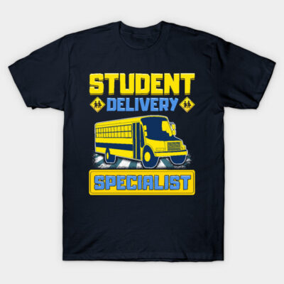Navy blue T-shirt with "Student Delivery Specialist" print in yellow and blue, featuring a school bus graphic.