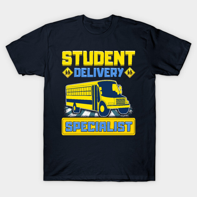 Navy blue T-shirt with "Student Delivery Specialist" print in yellow and blue, featuring a school bus graphic.