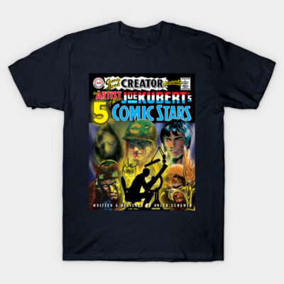 Black graphic tee featuring comic book art and "5 Comic Stars" text, ideal for casual wear, cotton material.