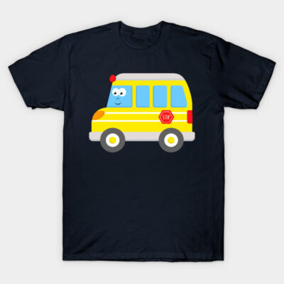 Navy blue t-shirt with cute yellow school bus graphic, ideal for casual wear, 100% cotton material.