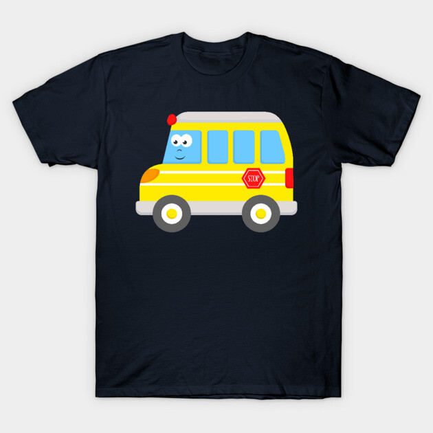 Navy blue t-shirt with cute yellow school bus graphic, ideal for casual wear, 100% cotton material.