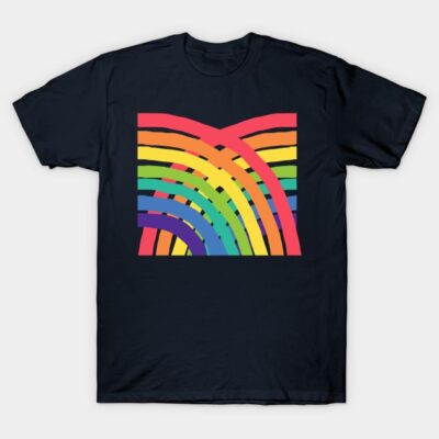 Navy t-shirt with vibrant rainbow geometric pattern, casual style, made from soft cotton, perfect for everyday wear.