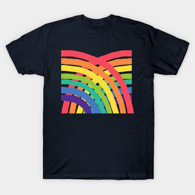 Navy t-shirt with vibrant rainbow geometric pattern, casual style, made from soft cotton, perfect for everyday wear.