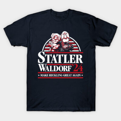 Navy blue graphic T-shirt with "Statler Waldorf '24" slogan, featuring humorous vintage design for casual wear.