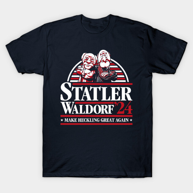 Navy blue graphic T-shirt with "Statler Waldorf '24" slogan, featuring humorous vintage design for casual wear.