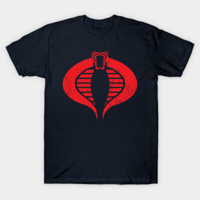 Navy blue T-shirt with bold red cobra logo, casual style, 100% cotton, perfect for everyday wear.