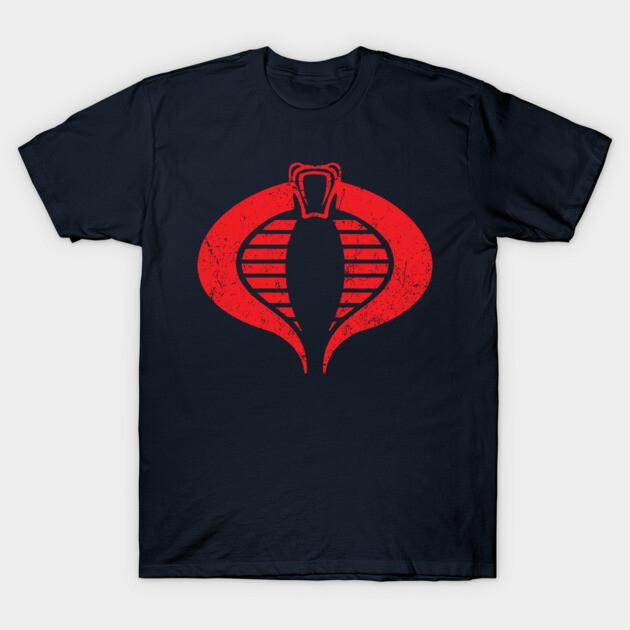 Navy blue T-shirt with bold red cobra logo, casual style, 100% cotton, perfect for everyday wear.