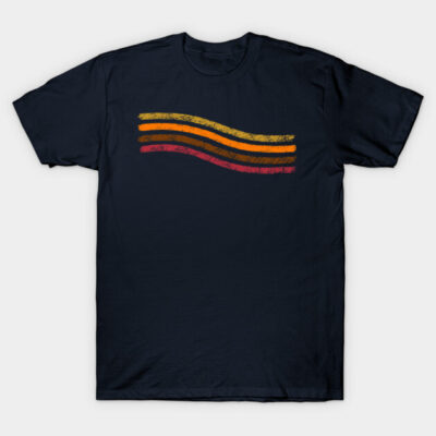 Navy blue t-shirt with retro stripe design in yellow, orange, and red. Casual style, 100% cotton, unisex.
