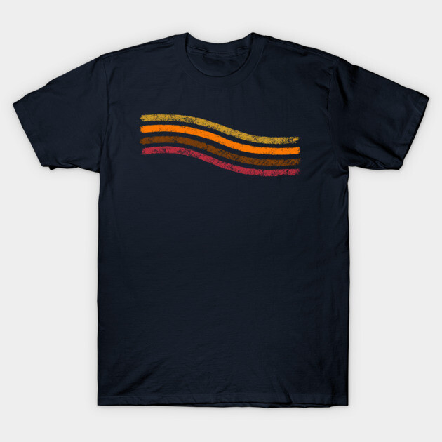 Navy blue t-shirt with retro stripe design in yellow, orange, and red. Casual style, 100% cotton, unisex.