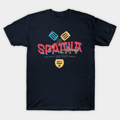 Navy graphic t-shirt with colorful spatula design, casual style, perfect for kitchen enthusiasts, 100% cotton material.