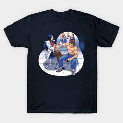 Navy blue t-shirt with a colorful graphic of characters in a medical setting, casual wear, cotton material.