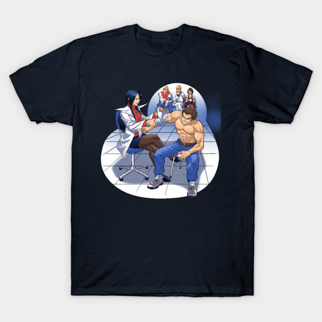 Navy blue t-shirt with a colorful graphic of characters in a medical setting, casual wear, cotton material.