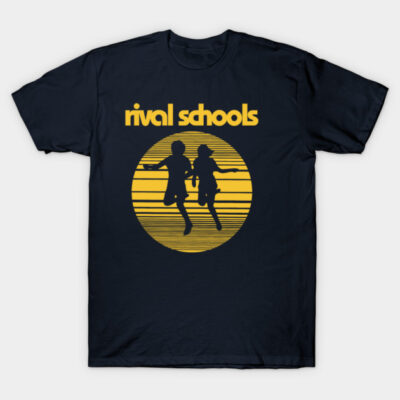 Navy blue t-shirt with yellow "Rival Schools" text and silhouette design, casual wear, cotton material.