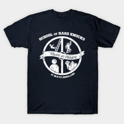 Navy blue graphic t-shirt with "School of Hard Knocks" design, casual style, cotton material, unisex fit.