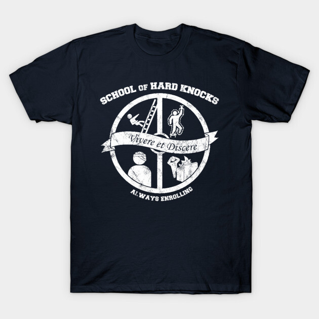 Navy blue graphic t-shirt with "School of Hard Knocks" design, casual style, cotton material, unisex fit.