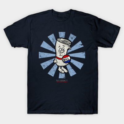 Navy blue graphic tee featuring cartoon-style scroll design with "Bill" text, casual wear, soft cotton material.