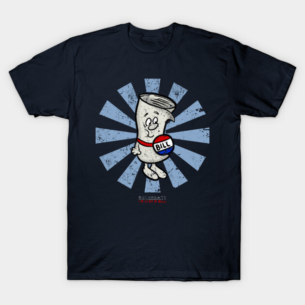 Navy blue graphic tee featuring cartoon-style scroll design with "Bill" text, casual wear, soft cotton material.