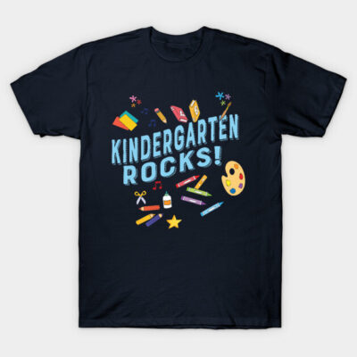 Navy blue "Kindergarten Rocks" T-shirt, playful design with art supplies, ideal for school events or casual wear.