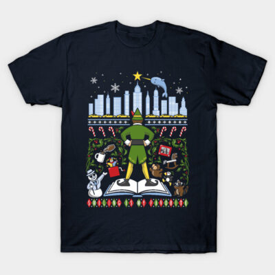 Navy blue Christmas-themed t-shirt with festive cityscape and whimsical holiday graphics, perfect for seasonal wear.
