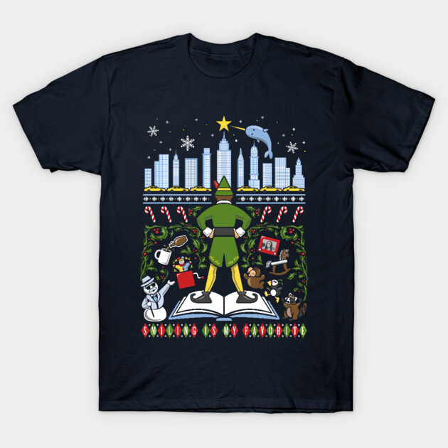 Navy blue Christmas-themed t-shirt with festive cityscape and whimsical holiday graphics, perfect for seasonal wear.