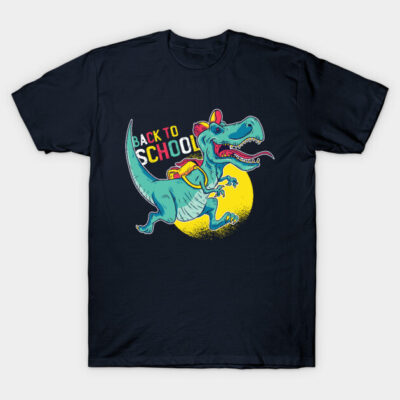 Navy blue t-shirt with colorful dinosaur and "Back to School" design, ideal for casual wear, 100% cotton material.