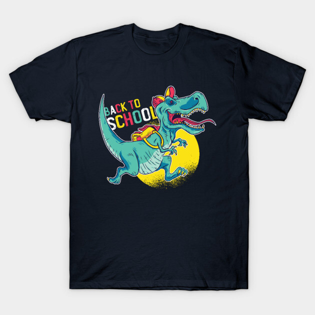 Navy blue t-shirt with colorful dinosaur and "Back to School" design, ideal for casual wear, 100% cotton material.