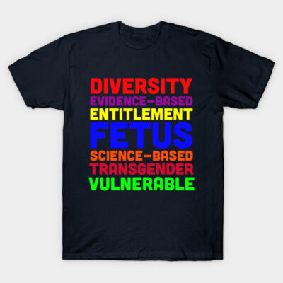 Black graphic T-shirt with colorful text print, casual style, cotton material, unisex design, ideal for everyday wear.