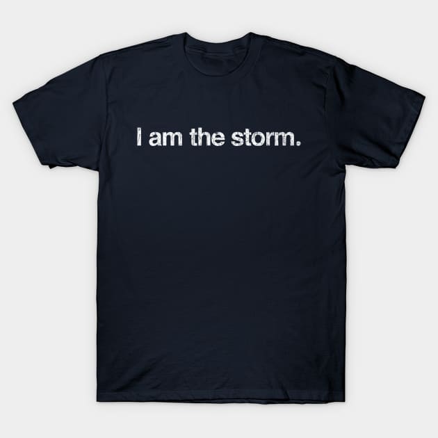 Navy blue t-shirt with "I am the storm" text, casual style, cotton material, unisex design, motivational wear.