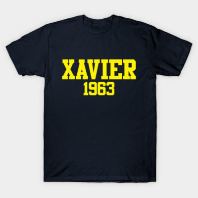 Navy blue t-shirt with "Xavier 1963" in bold yellow text, casual wear, cotton material, unisex style.