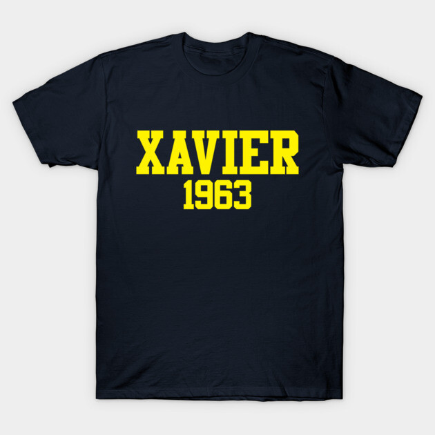 Navy blue t-shirt with "Xavier 1963" in bold yellow text, casual wear, cotton material, unisex style.