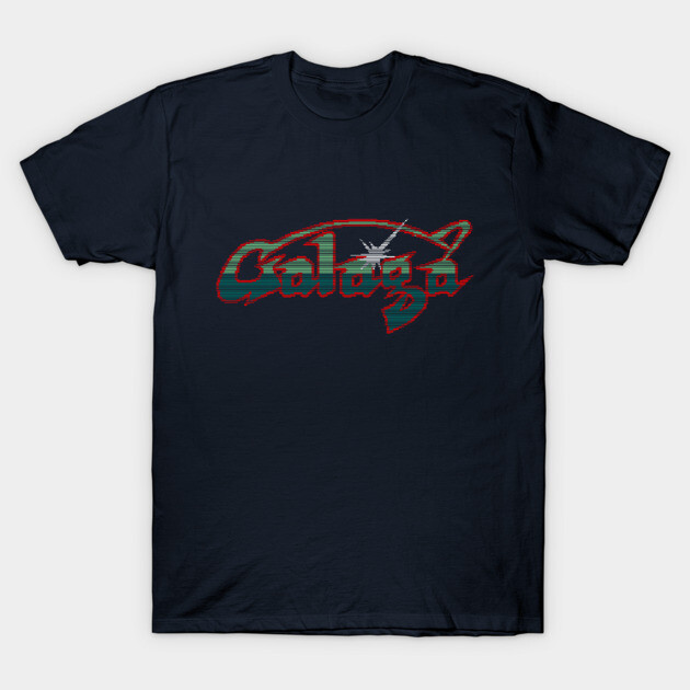 Navy blue Galaga graphic t-shirt, retro style, cotton fabric, ideal for casual wear and gaming enthusiasts.