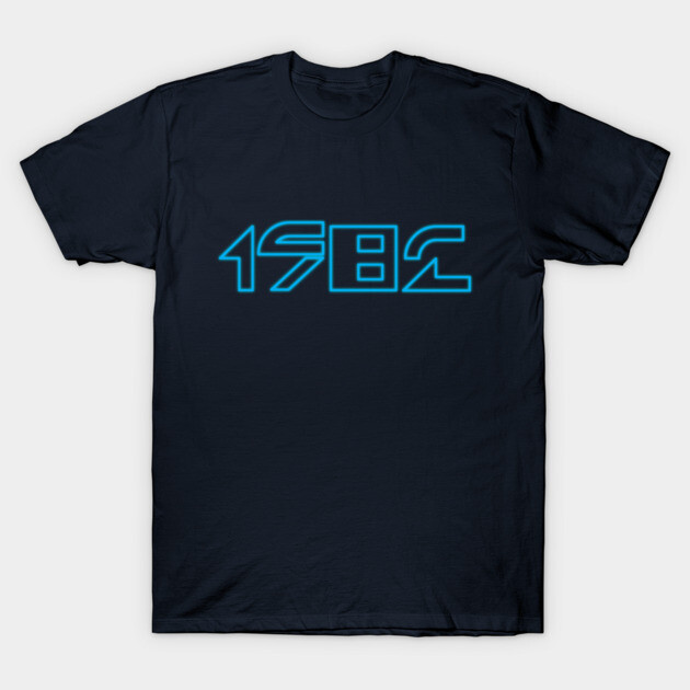 Navy blue T-shirt with "1982" in neon blue text, casual style, cotton blend, perfect for everyday wear.