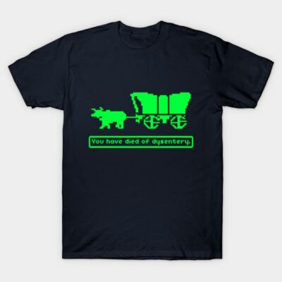 Black t-shirt with green retro pixel art design and humorous text, casual style, cotton material.