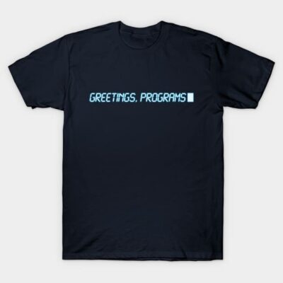 Navy blue T-shirt with "Greetings, Programs" text, casual style, soft cotton material, ideal for tech enthusiasts.