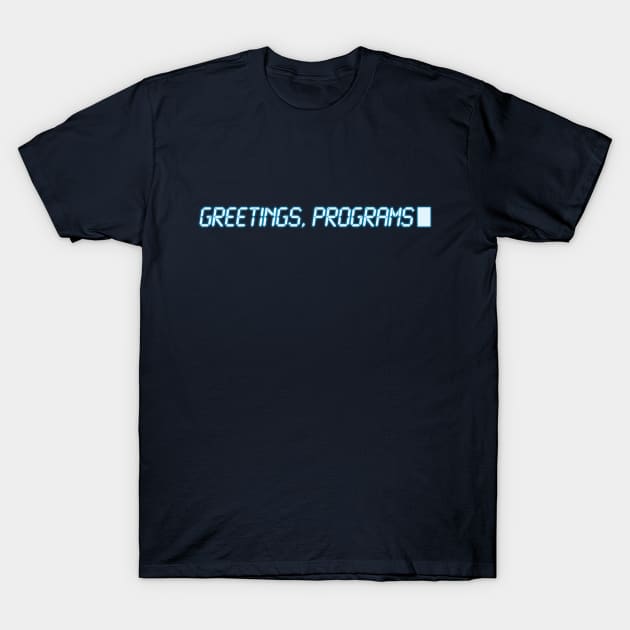 Navy blue T-shirt with "Greetings, Programs" text, casual style, soft cotton material, ideal for tech enthusiasts.