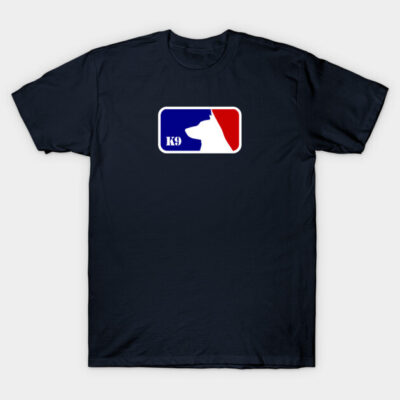 Navy blue t-shirt with K9 logo, featuring red and blue design, casual style, 100% cotton, unisex fit.