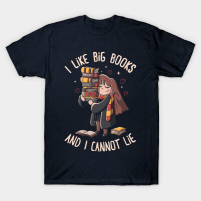 Black t-shirt with "I Like Big Books" design, featuring a cartoon character holding books, ideal for book lovers.