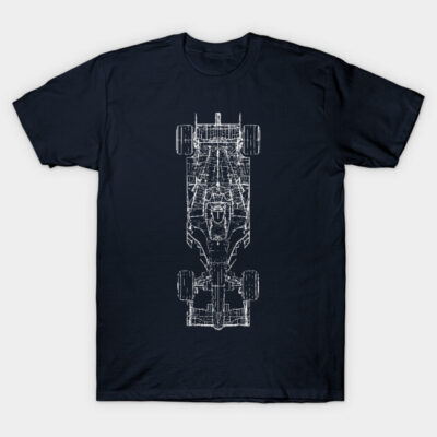 Navy blue t-shirt with white car blueprint design, casual style, 100% cotton, ideal for motorsport enthusiasts.