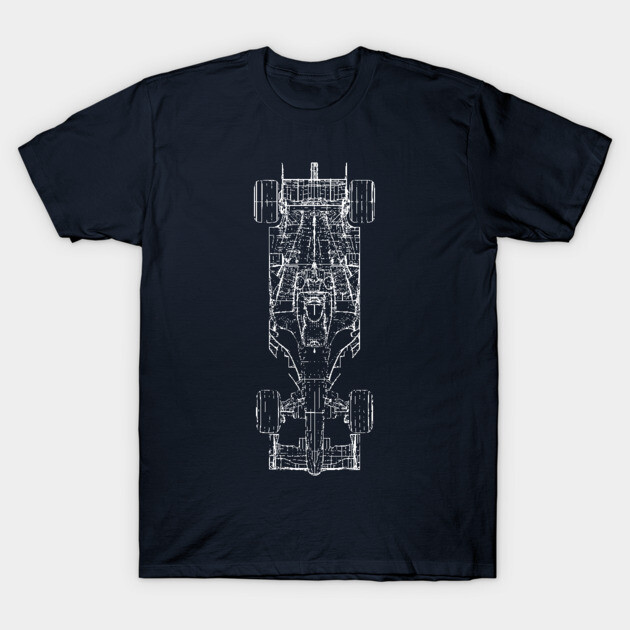 Navy blue t-shirt with white car blueprint design, casual style, 100% cotton, ideal for motorsport enthusiasts.